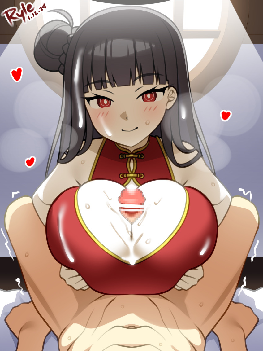 1boy 1girl absurdres alternate_costume alternate_hairstyle artist_name bar_censor bare_shoulders black_hair blue_archive blunt_bangs blush breasts breasts_squeezed_together breath bright_pupils censored china_dress chinese_clothes cleavage_cutout clothing_cutout commentary cum cum_on_body cum_on_breasts cum_on_clothes cum_on_hair cum_on_upper_body dated dress english_commentary facial hair_bun heart hetero highres huge_breasts indoors long_hair looking_at_viewer mosaic_censoring navel paizuri paizuri_under_clothes penis pov pov_crotch red_dress red_eyes rio_(blue_archive) ryle single_hair_bun skindentation smile solo_focus sweat white_pupils window