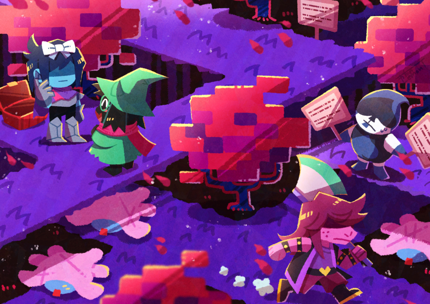 1girl 1other 2boys :| ^_^ absurdres androgynous armband armor axe black_footwear black_jacket blue_hair blue_skin bow cape child closed_eyes closed_mouth colored_skin commentary_request covered_eyes deltarune dress dust_cloud expressionless falling_leaves freckles from_above gauntlets grass greaves green_dress green_headwear hair_bow hand_up highres holding holding_axe holding_sign jacket kris_(deltarune) lancer_(deltarune) leaf medium_hair multiple_boys open_mouth pink_cape pink_scarf pink_skin purple_hair purple_shirt ralsei scarf scenery shaded_face shirt short_hair sign smile standing susie_(deltarune) sweat tongue tongue_out treasure_chest tree walking watawata22 wide_shot wristband