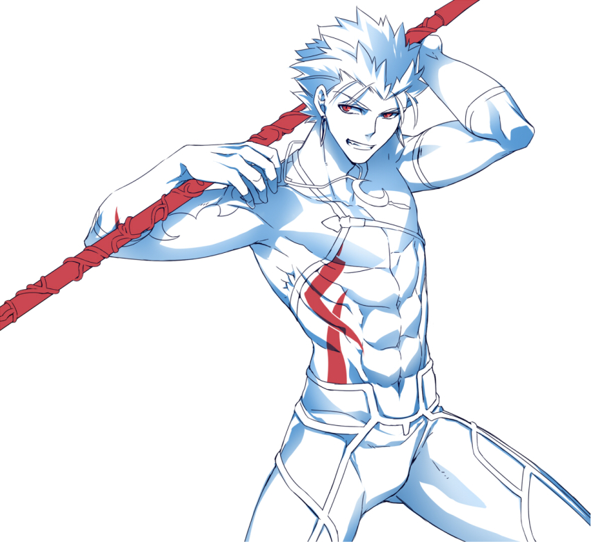 1boy abs commentary_request cu_chulainn_(fate) cu_chulainn_(fate/stay_night) earrings fate/stay_night fate_(series) gae_bolg_(fate) grin holding holding_polearm holding_weapon jewelry limited_palette male_focus navel pectorals polearm red_eyes smile solo stomach_tattoo tattoo toned toned_male weapon ycco_(estrella)