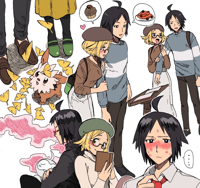 1boy 1girl ahoge bianca_(pokemon) black_hair blonde_hair blush book castform castform_(normal) cheren_(pokemon) cupcake food gen_3_pokemon gen_5_pokemon glasses green_headwear highres holding_another&#039;s_arm leaf lillipup lipstick_mark multiple_views nashubi_(to_infinity_wow) nintendo open_mouth pasta pokemon pokemon_(creature) pokemon_bw2 red-framed_eyewear smile spaghetti sweater