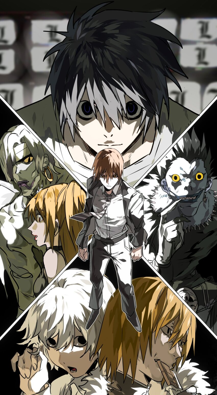 amane_misa black_hair blonde_hair blue_eyes brown_hair chocolate choker death_note earrings formal_clothes hair_between_eyes highres jewelry l_(death_note) mello_(death_note) multiple_boys near_(death_note) necktie rem_(death_note) ryuk shinigami single_earring white_hair xi_luo_an_ya yagami_light