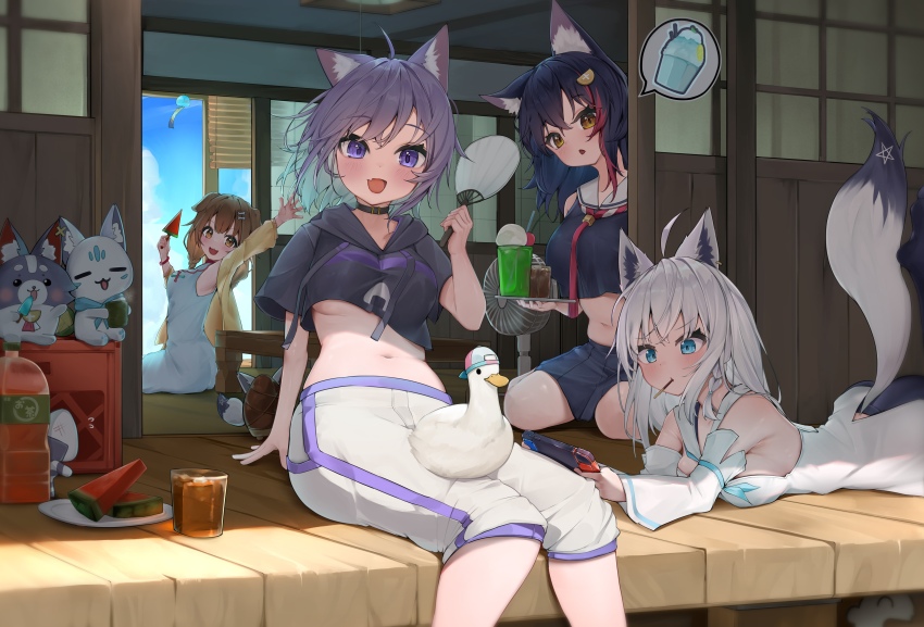 4girls :d absurdres ahoge animal animal_collar animal_ear_piercing animal_ears animal_on_lap aqua_eyes aqua_hair arm_support arm_up bamboo_shoot bird black_choker black_hair black_hoodie black_serafuku black_shirt black_shorts black_skirt black_thighhighs blue_neckerchief bone_hair_ornament braid breasts brown_eyes brown_hair cat_ears cat_girl cat_tail choker collar colored_inner_hair commentary_request crop_top crop_top_overhang cropped_hoodie cropped_shirt day detached_sleeves dog_ears dog_girl double-parted_bangs drawstring dress duck electric_fan fang feet_up food food_in_mouth food_print fox_ears fox_girl fox_tail fruit hair_between_eyes hair_ornament hairclip hand_fan hand_up handheld_game_console head_tilt highres holding holding_fan holding_handheld_game_console hololive hololive_gamers hood hoodie inugami_korone inugami_korone_(1st_costume) jacket kouhaku_nawa listener_(inugami_korone) long_hair looking_at_viewer low_twin_braids lying mascot midriff miniskirt miofa_(ookami_mio) multicolored_hair multiple_girls neckerchief necktie nekomata_okayu nekomata_okayu_(1st_costume) nintendo_switch no_shoes on_lap on_stomach onigiri_print onigirya_(nekomata_okayu) ookami_mio ookami_mio_(1st_costume) open_clothes open_jacket open_mouth oruyanke_(shirakami_fubuki) pants pants_rolled_up paper_fan pentagram pleated_skirt pocky pocky_in_mouth popsicle purple_eyes purple_hair red_collar red_hair red_necktie reine_(reineko6) rope sailor_collar school_uniform serafuku shaved_ice shimenawa shirakami_fubuki shirakami_fubuki_(1st_costume) shirt short_dress short_hair short_shorts short_sleeves shorts side_braid sideboob sidelocks sitting skin_fang skirt sleeveless sleeveless_dress sleeveless_shirt smile speech_bubble streaked_hair subaru_duck sukonbu_(shirakami_fubuki) sweatpants table tail the_pose thighhighs triangle_mouth twin_braids underboob vest virtual_youtuber wariza watermelon watermelon_bar watermelon_slice waving white_dress white_hair white_pants white_sailor_collar white_sleeves white_vest wide_sleeves wind_chime wolf_ears wolf_girl yellow_jacket