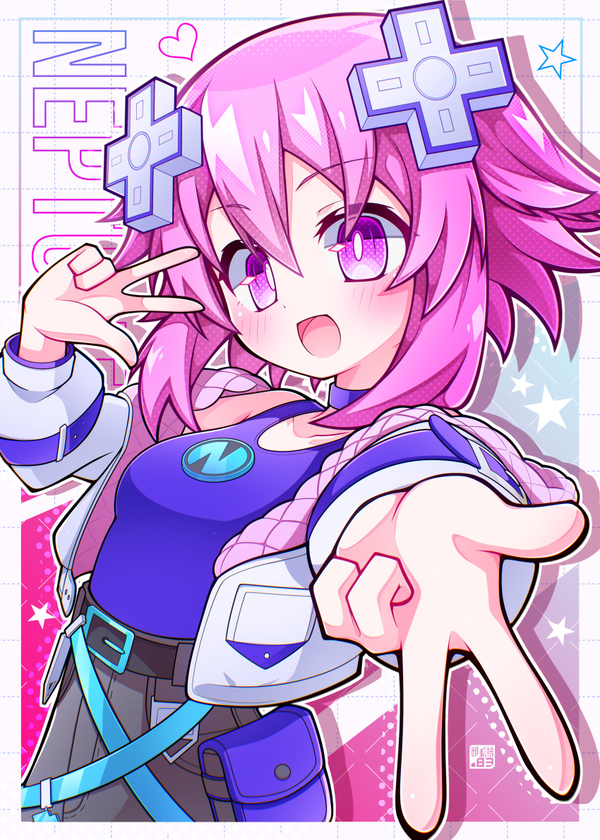 1girl absurdres aijiro83 blush character_name choker choujigen_game_neptune d-pad d-pad_hair_ornament hair_between_eyes hair_ornament heart highres jacket neptune_(neptunia) neptune_(series) open_mouth purple_eyes purple_hair short_hair solo star_(symbol)