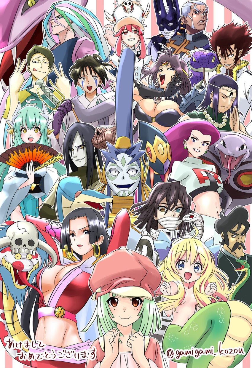 6+boys 6+girls arbok bakemonogatari bead_necklace beads bebinn black_hair blue_eyes blue_hair blush boa_hancock breasts brown_hair cabbie_hat character_request chinese_zodiac cleavage closed_mouth cobra_(fairy_tail) colored_skin commentary_request copyright_request crop_top crossover cuberios_(fairy_tail) dark-skinned_male dark_skin double_v enrico_pucci fairy_tail fangs fate_(series) forked_tongue gamigami_maou_(artist) gen_1_pokemon gen_3_pokemon green_hair grey_skin grin hat heterochromia highres iguro_obanai inuyasha jakotsu_(inuyasha) jakuzure_nonon jashin-chan jashin-chan_dropkick jessie_(pokemon) jewelry jojo_no_kimyou_na_bouken kill_la_kill kimetsu_no_yaiba kiyohime_(fate) lamia large_breasts long_hair looking_at_viewer mask medium_hair midriff monogatari_(series) monster_girl mouth_mask multicolored_hair multiple_boys multiple_crossover multiple_girls naga_the_serpent naruto naruto_(series) navel necklace ninja_mask nintendo ojou-sama_pose one_eye_closed one_piece open_mouth orochimaru_(naruto) ousama_ranking pink_eyes pink_hair pink_hat pokemon pokemon_(anime) pokemon_(classic_anime) pokemon_(creature) quinn_(toriko) red_eyes revealing_clothes sengoku_nadeko seviper short_hair slayers small_breasts smile snake stand_(jojo) stone_ocean sunny_(toriko) tongue toriko_(series) trait_connection translation_request upper_body v v-shaped_eyebrows white_hair whitesnake_(stand) year_of_the_snake yellow_eyes
