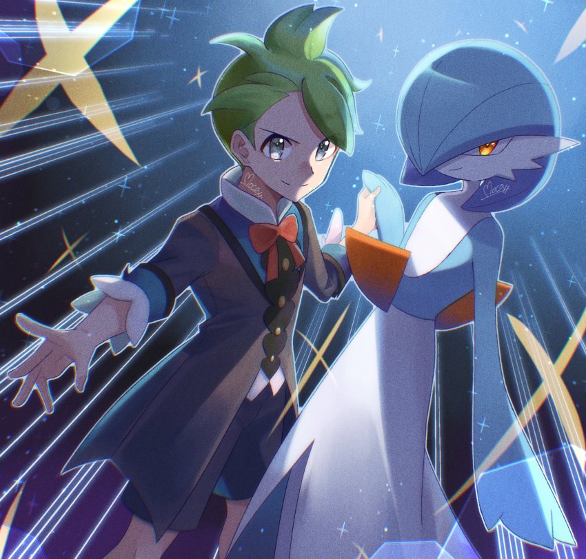 1boy alternate_color black_shorts bow bowtie buttons closed_mouth commentary_request gardevoir gen_3_pokemon green_hair grey_eyes highres holding_hands male_focus mocacoffee_1001 nintendo official_alternate_costume orange_bow orange_bowtie pokemon pokemon_(creature) pokemon_masters_ex shiny_pokemon short_hair shorts signature smile sparkle wally_(pokemon) wally_(sygna_suit)_(pokemon)