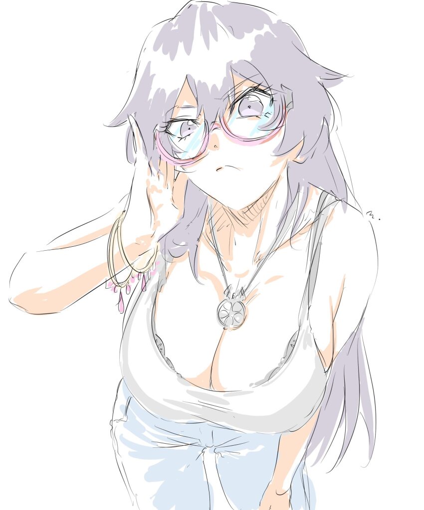 arm_up bambietta_basterbine black_bra black_eyes bleach bleach:_sennen_kessen-hen bra breasts collarbone denim glasses hair_between_eyes highres jeans jewelry large_breasts leaning_forward long_hair mitsugu pants pendant simple_background thigh_gap underwear white_background