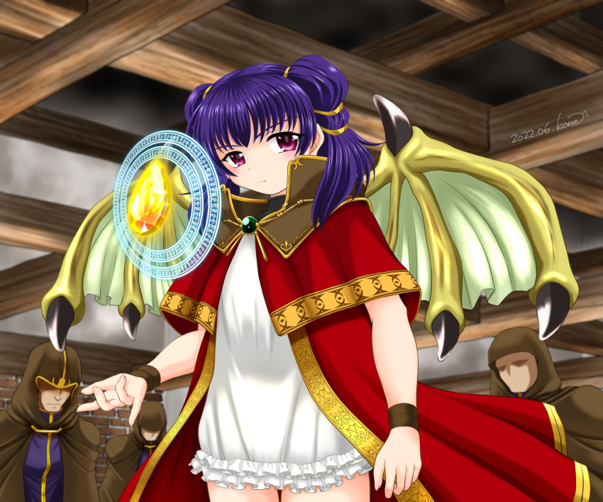 1girl 3boys bracelet brick_wall brown_capelet brown_cloak capelet ceiling cloak closed_mouth coat cowboy_shot crystal dragon_girl dragon_wings dragonstone dress faceless faceless_male female_focus fighting_stance fire_emblem fire_emblem:_the_sacred_stones fire_emblem_heroes frilled_dress frills gem glaring glowing gold_trim green_wings hair_tie hand_up highres indoors jewelry kone/idalee long_hair looking_back magic_circle magician multi-tied_hair multiple_boys myrrh_(fire_emblem) nintendo open_clothes open_coat pale_skin purple_hair red_capelet red_coat red_eyes short_dress sideways_glance stone thighs twintails white_dress wings wizard wristband yellow_wings