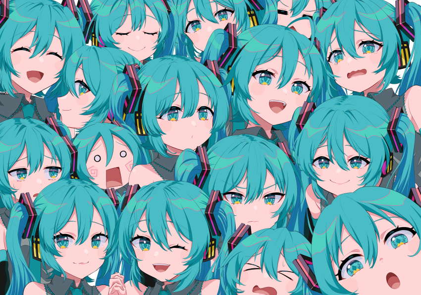 6+girls absurdres aqua_eyes aqua_hair aqua_necktie bare_shoulders clip_studio_paint_(medium) clone closed_eyes closed_mouth collared_shirt grey_shirt hachune_miku hair_between_eyes hair_ornament hatsune_miku highres looking_at_viewer multiple_girls necktie one_eye_closed open_mouth shirt sleeveless sleeveless_shirt smile tatyaoekaki twintails vocaloid wavy_mouth