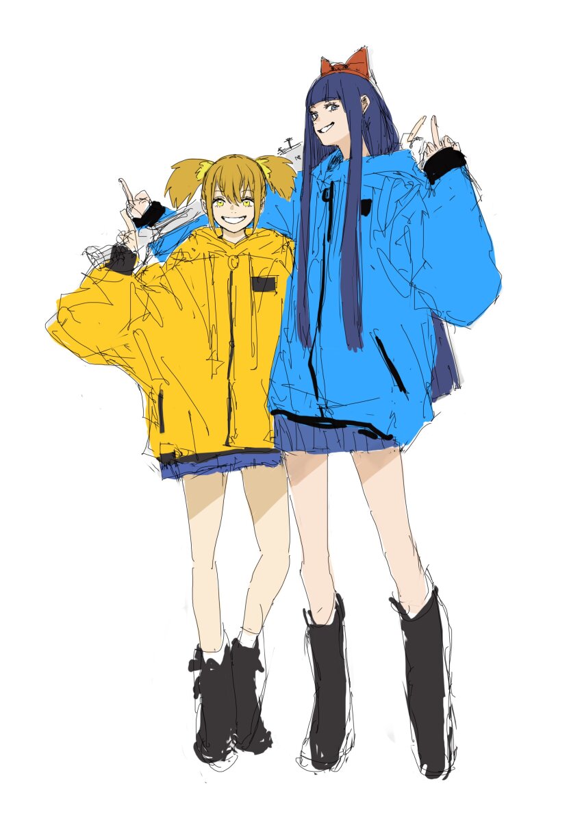 2girls absurdres black_boots blonde_hair blue_jacket blue_skirt boots bow commentary full_body hair_bow highres jacket knee_boots long_hair looking_at_viewer middle_finger multiple_girls null_hamamo pipimi pleated_skirt poptepipic popuko purple_hair red_bow short_hair short_twintails sidelocks simple_background sketch skirt smile standing symbol-only_commentary twintails white_background yellow_jacket