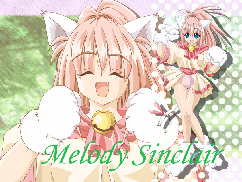 1girl ^_^ animal_ears animal_hands atelier-moo bell blue_eyes breasts cat_ears cat_paws cat_tail character_name closed_eyes dress fang full_body gloves hair_between_eyes large_breasts leotard long_hair melody_sinclair open_mouth paw_gloves paw_pose paw_shoes pink_hair pink_leotard ponytail ribbon skirt smile solo standing tail tail_ornament tail_ribbon tooth upper_body wide_ponytail yellow_dress yuukyuu_gensoukyoku