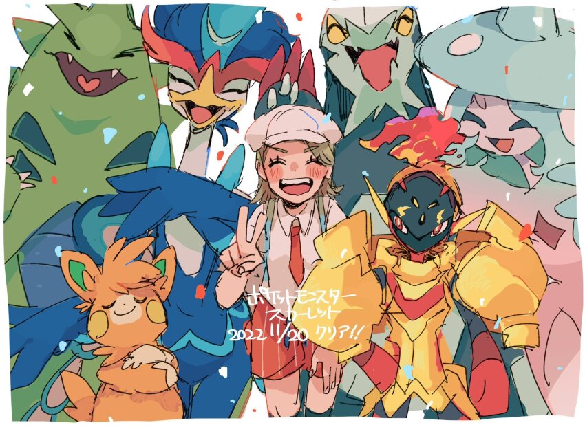 1girl 3boys armarouge armor baxcalibur beak black_skin blonde_hair blue_feathers blue_hair border closed_eyes closed_mouth colored_skin crossed_arms fangs feathers fire florian_(pokemon) gen_2_pokemon gen_8_pokemon green_scales hat hatterene highres looking_at_another looking_at_viewer multicolored_hair multiple_boys necktie nintendo open_mouth orange_fur orange_necktie orange_shorts pawmot pink_hair pink_skin pokemon pokemon_(creature) pokemon_sv quaquaval red_eyes shirt shorts smile smug two-tone_hair tyranitar v white_background white_border white_shirt witch_hat yellow_armor yusho_(ossm03)