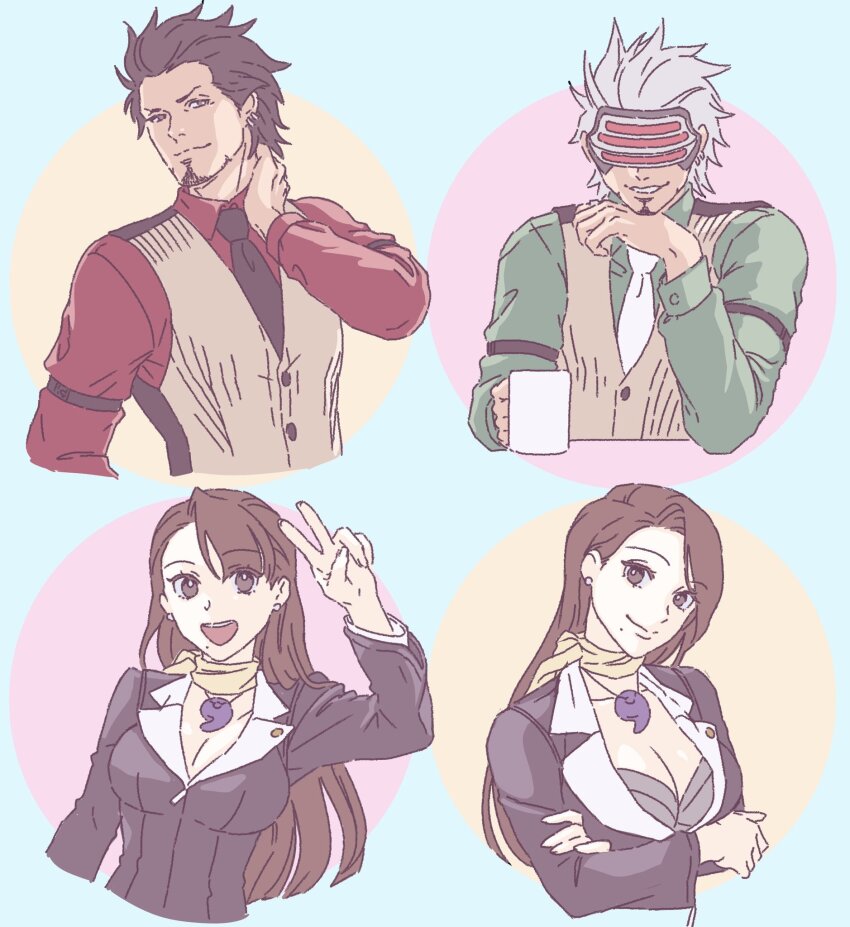 1boy 1girl ace_attorney asymmetrical_bangs black_jacket black_necktie breasts brown_eyes brown_hair brown_vest cleavage closed_mouth coffee_mug collared_shirt commentary_request cropped_torso crossed_arms cup diego_armando godot_(ace_attorney) green_shirt hand_on_own_chin hand_on_own_neck hand_up head-mounted_display highres holding holding_cup jacket jewelry large_breasts lcageki long_hair long_sleeves looking_at_viewer magatama magatama_necklace mask mature_female mature_male mia_fey mole mole_under_mouth mug multiple_views necklace necktie open_mouth phoenix_wright:_ace_attorney_-_trials_and_tribulations red_shirt scarf shirt short_hair smile teeth upper_body v vest white_hair white_necktie yellow_scarf
