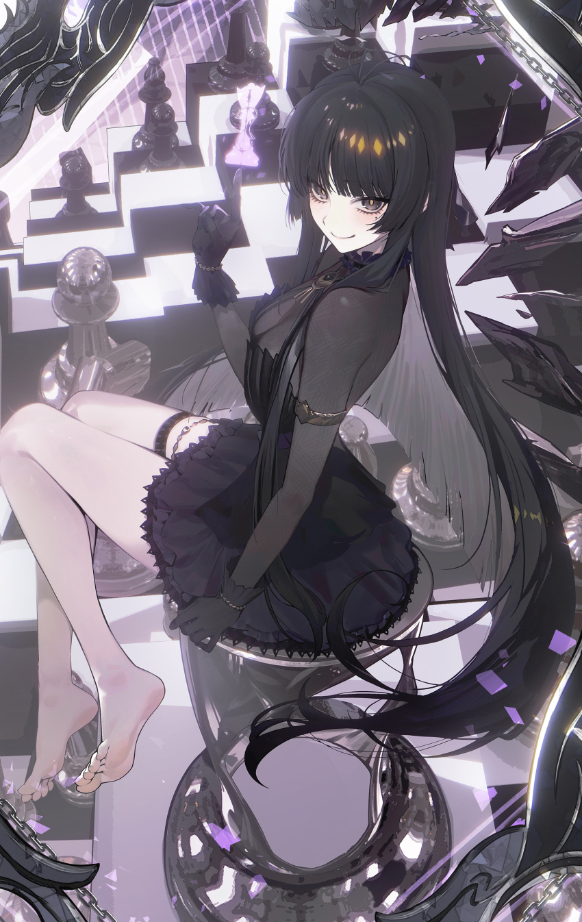 1girl absurdres arknights black_chemise black_dress black_eyes black_gloves black_hair black_halo blunt_bangs blush board_game bodystocking broken_halo chess chess_piece chessboard covered_collarbone dark_halo detached_wings dress drive_shot energy_wings gloves halo hand_up highres hime_cut lace lace-trimmed_dress lace_trim long_hair mole mole_under_eye official_alternate_costume sidelocks sitting solo thigh_strap virtuosa_(arknights) virtuosa_(diversity_oneness)_(arknights) wings yellow_pupils