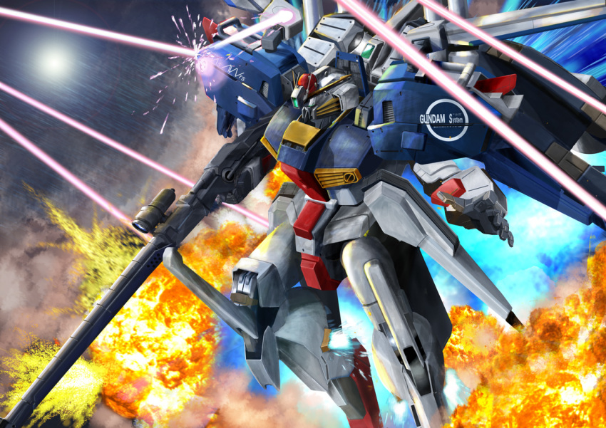 armor bad_id bad_pixiv_id battle beam_rifle bouncing energy_beam energy_gun explosion flying green_eyes gun gundam gundam_sentinel holding holding_gun holding_weapon i.t.o_daynamics mecha motion_blur no_humans reactive_armor realistic reflection robot s_gundam science_fiction space sun weapon