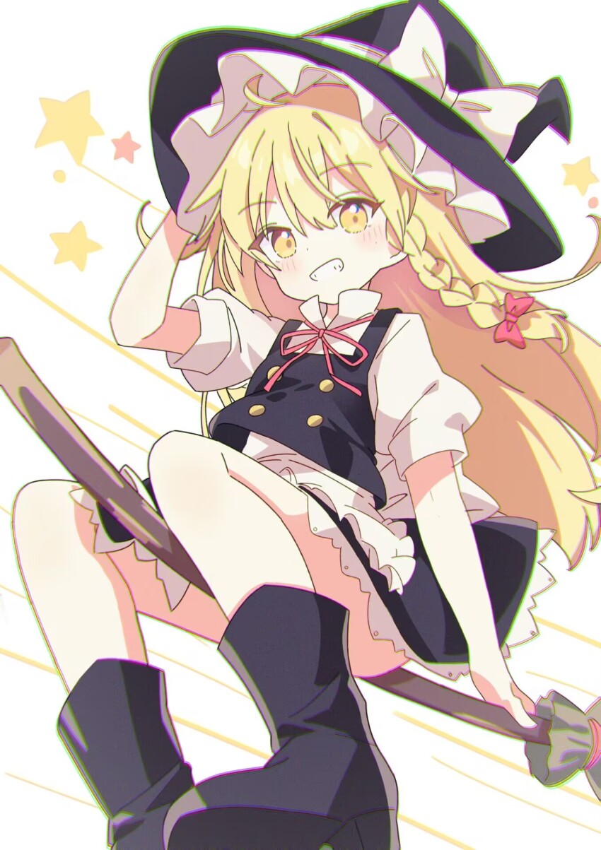 1girl apron black201_wav black_boots black_hat black_vest blonde_hair blush boots bow braid broom broom_riding commentary frilled_skirt frills grin hair_bow hands_on_headwear hat hat_bow highres kirisame_marisa long_hair looking_at_viewer neck_ribbon puffy_short_sleeves puffy_sleeves red_ribbon ribbon short_sleeves side_braid single_braid skirt smile solo star_(symbol) touhou very_long_hair vest waist_apron white_apron white_bow witch_hat yellow_eyes
