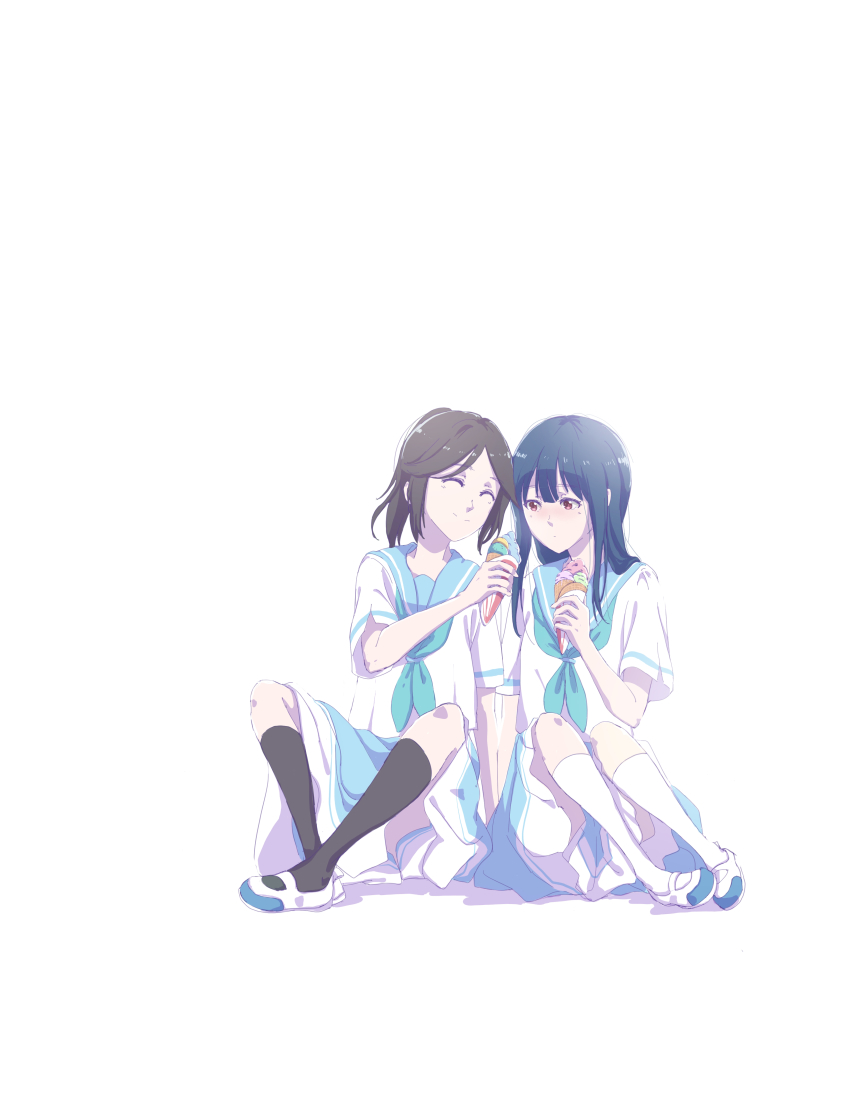 10kanaga 2girls absurdres black_socks blue_hair blue_neckerchief blue_sailor_collar blue_skirt blush brown_hair closed_eyes closed_mouth crossed_legs food hibike!_euphonium highres holding holding_food ice_cream_cone kasaki_nozomi kitauji_high_school_uniform kneehighs liz_to_aoi_tori long_hair looking_down multiple_girls neckerchief outstretched_arm pleated_skirt ponytail red_eyes sailor_collar school_uniform serafuku shirt shoes short_sleeves simple_background sitting skirt smile socks uwabaki white_background white_footwear white_legwear white_shirt yoroizuka_mizore