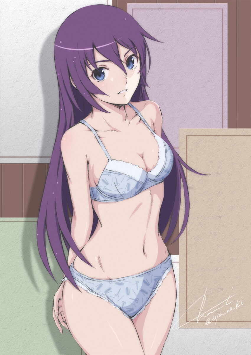 1girl absurdres arms_behind_back bakemonogatari blue_eyes bra breasts cleavage collarbone commentary_request cowboy_shot hair_between_eyes highres long_hair looking_at_viewer matching_underwear medium_breasts monogatari_(series) navel panties parted_lips print_bra print_panties purple_eyes scissor_print senjougahara_hitagi shadow signature solo straight_hair twitter_username tyanoki underwear underwear_only very_long_hair