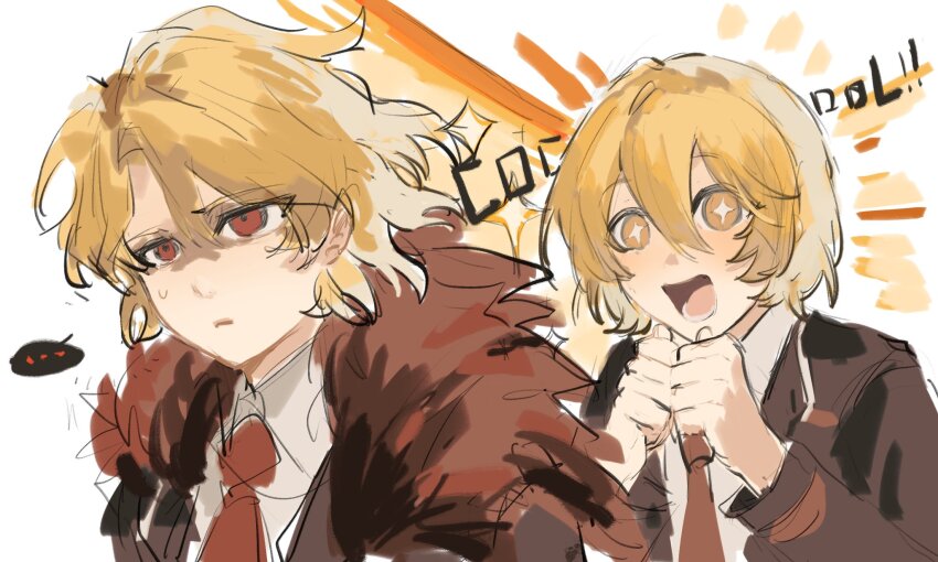 2girls black_coat blonde_hair cape coat collared_shirt don_quixote_(project_moon) dual_persona highres lapels limbus_company ling_zhiyun multiple_girls necktie notched_lapels open_mouth parted_lips project_moon red_cape red_eyes red_necktie sancho_(project_moon) shirt short_hair smile spoilers white_shirt yellow_eyes