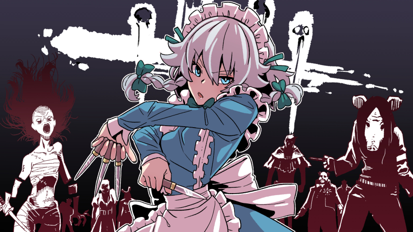 1girl amanda_young apron between_fingers black_background blue_dress blue_eyes bow braid breasts cowboy_shot cross crossover dead_by_daylight dress gradient_background hair_between_eyes hair_ribbon highres holding holding_knife izayoi_sakuya kawayabug knife knives_between_fingers long_sleeves looking_at_viewer maid_apron maid_headdress medium_breasts medium_hair open_mouth pig_mask ribbon side_braids silver_hair sword the_clown_(dead_by_daylight) the_huntress_(dead_by_daylight) the_nurse_(dead_by_daylight) the_spirit_(dead_by_daylight) the_wraith_(dead_by_daylight) touhou tress_ribbon twin_braids weapon zombie