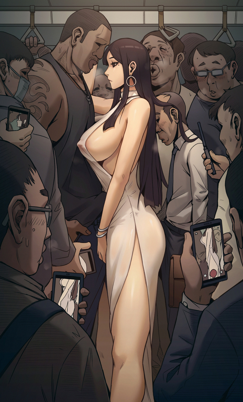 1girl absurdres bare_shoulders blue_necktie blush bracelet breasts brown_eyes brown_hair cellphone closed_mouth commentary covered_erect_nipples dress earrings english_commentary formal_clothes glasses hand_grip highres holding holding_hand_grip holding_phone hoop_earrings jewelry large_breasts long_hair mask mole mole_under_eye multiple_boys necklace necktie old old_man open_mouth original pants phone recording revealing_clothes see-through_clothes shirt_tucked_in short_hair shoulder_tattoo side_slit sideboob sidelocks smartphone solo_focus standing suit sweatdrop tank_top tattoo train_interior ttf ugly_bastard white_dress