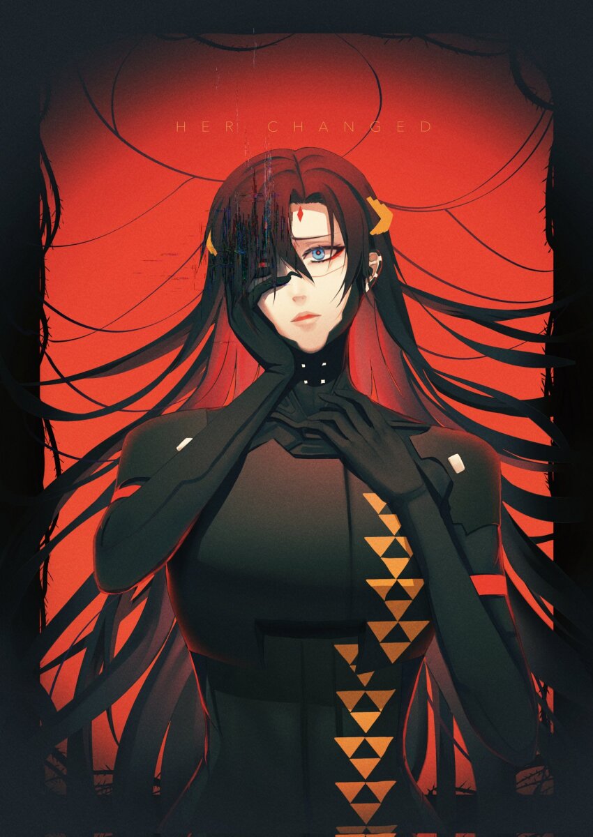 1girl androgynous black_border black_hair blue_eyes border commentary corrupted_twitter_file english_text eyeshadow facial_mark falke_(signalis) floating_hair forehead_mark glitch hair_ornament hand_on_own_cheek hand_on_own_chest hand_on_own_face heterochromia highres joints long_hair makeup metal_skin red_background red_eyes red_eyeshadow robot_joints signalis solo sukisuki_hukkin symbol-only_commentary upper_body