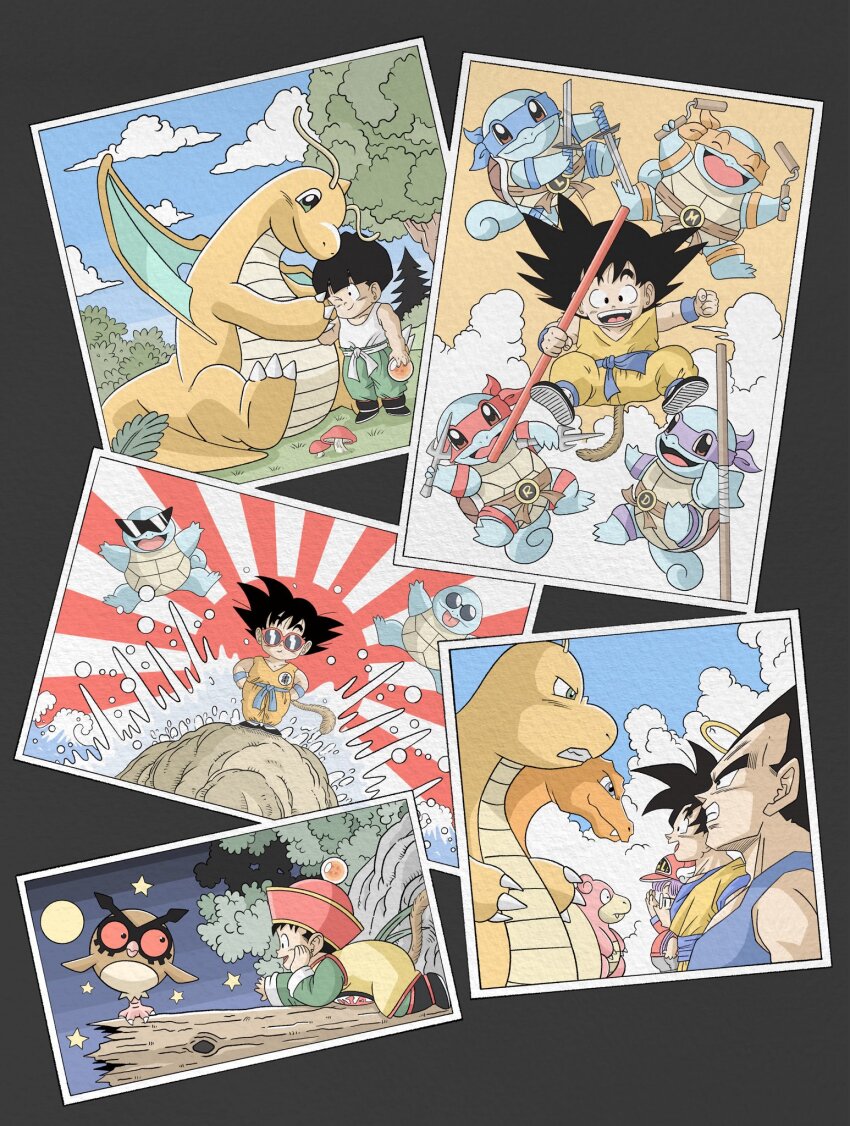 1girl 3boys baseball_cap black_eyes black_hair charizard chinese_clothes cloud cosplay crossover donatello_(tmnt) donatello_(tmnt)_(cosplay) dougi dr._slump dragon_ball dragon_ball_(classic) dragonball_z dragonite fangs father_and_son game_freak gen_1_pokemon glasses hat highres holding leonardo_(tmnt) leonardo_(tmnt)_(cosplay) long_hair looking_at_viewer male_focus michelangelo_(tmnt) michelangelo_(tmnt)_(cosplay) multiple_boys muscular muscular_male nintendo norimaki_arale nunchaku open_mouth orange_dougi outdoors pants pokemon pokemon_(creature) purple_hair raphael_(tmnt) raphael_(tmnt)_(cosplay) sai_(weapon) shirt short_hair sky smile son_gohan son_goku spiked_hair squirtle staff sword tail teenage_mutant_ninja_turtles v-shaped_eyebrows vegeta weapon wesatinthecar wings wristband