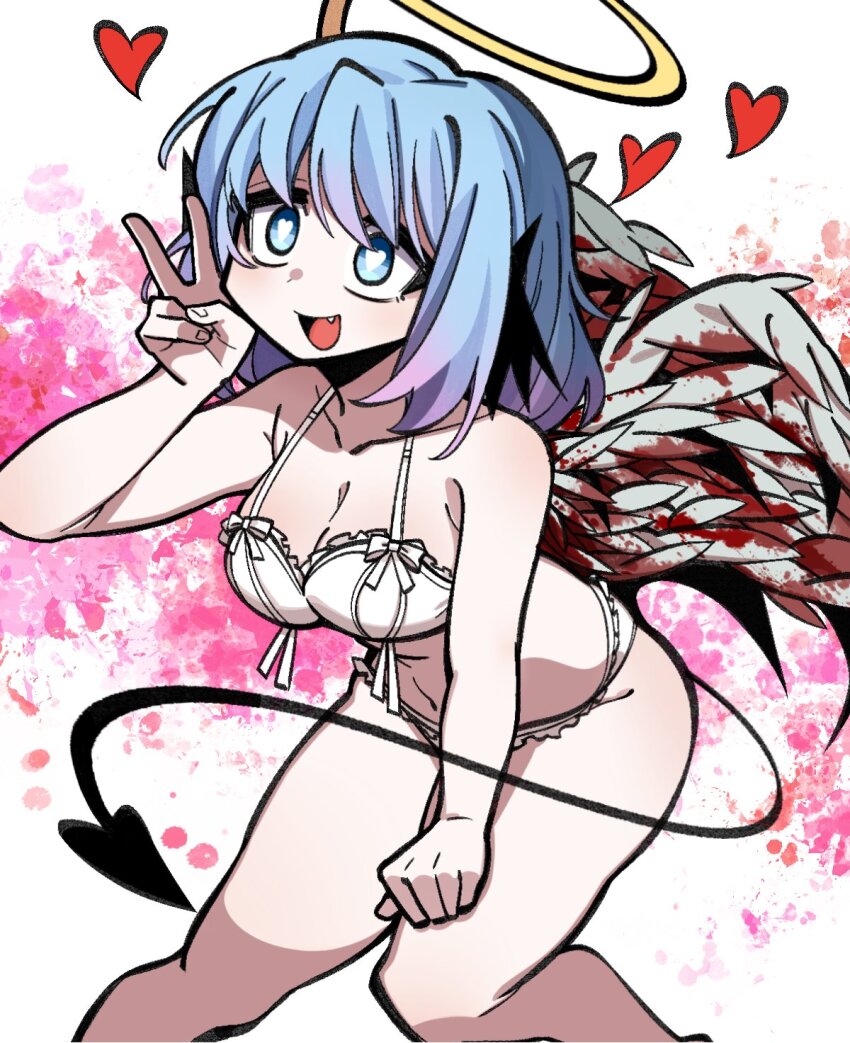 1girl :d angel_wings black_souls black_souls_2 blood bloody_wings blue_eyes blue_hair bra breasts bright_pupils cowboy_shot demon_girl demon_tail demon_wings fake_halo fake_wings fang feathered_wings gradient_hair halo hand_on_own_thigh hand_up heart heart-shaped_pupils highres leaning_forward lingerie lingeriena_(black_souls) looking_ahead medium_breasts multicolored_hair navel open_mouth panties pink_background pink_hair pumki7046 ribbon short_hair smile solo standing stomach symbol-shaped_pupils tail thighs underwear v white_background white_bra white_panties white_pupils white_ribbon white_wings wings yellow_halo