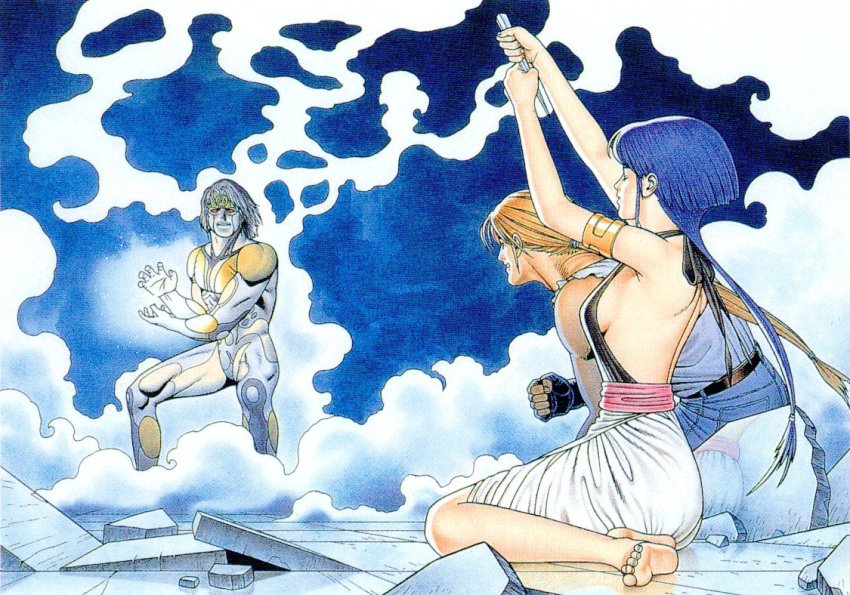 1990s_(style) 1girl 2boys armor bare_back bare_shoulders barefoot blonde_hair blue_hair breasts denim fatal_fury feet fighting jeans laocorn_gaudeamus mori_toshiaki multiple_boys neo_geo official_art pants retro_artstyle sideboob snk soles sulia_gaudeamus terry_bogard