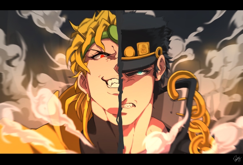 2boys angry aqua_eyes bad_id bad_pixiv_id black_hair blonde_hair blurry chain clenched_teeth confrontation dio_brando earrings evil_grin evil_smile fangs gakuran glaring grin hat headband jewelry jojo_no_kimyou_na_bouken kuujou_joutarou letterboxed male_focus multiple_boys pampy red_eyes school_uniform short_hair signature smile smoke split_screen teeth yanoooh