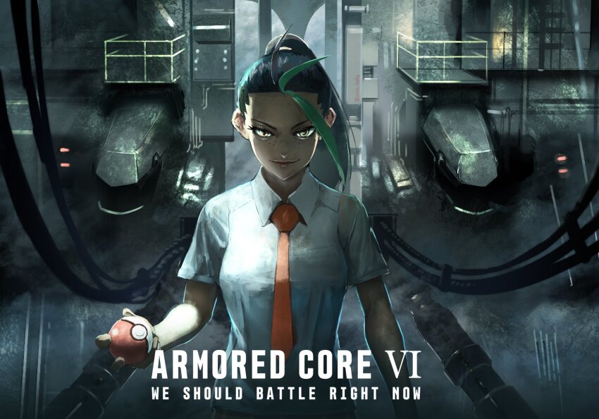 1girl armored_core armored_core_vi:_fires_of_rubicon black_hair closed_mouth collared_shirt commentary_request crossover english_text eyelashes freckles green_hair highres holding holding_poke_ball indoors jako_(boke_poke) looking_at_viewer multicolored_hair naranja_academy_school_uniform necktie nemona_(pokemon) nintendo orange_necktie poke_ball poke_ball_(basic) pokemon pokemon_sv ponytail school_uniform shirt short_sleeves smile solo two-tone_hair upper_body white_shirt yellow_eyes