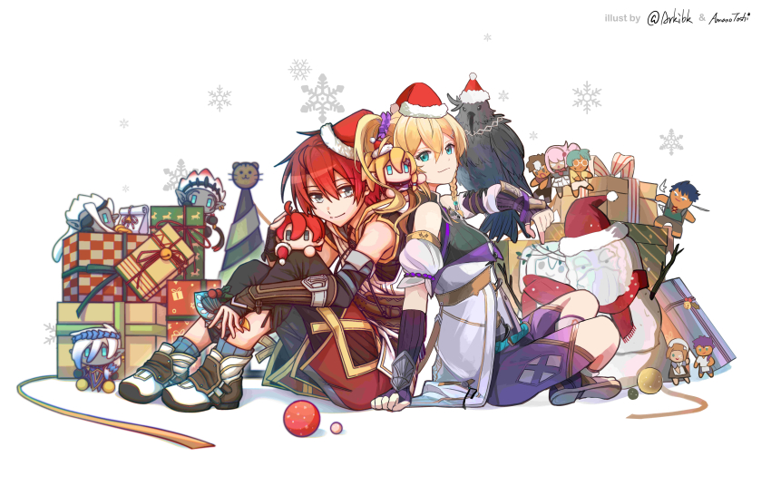 1boy 1girl absurdres adol_christin amano_toshi animal_on_arm arkibk artist_collaboration bare_shoulders belt bird bird_on_arm black_leggings black_shirt blonde_hair blue_eyes blue_socks box braid breasts brown_belt character_doll character_request chinese_commentary closed_mouth commentary_request conch crow detached_sleeves doll fingerless_gloves full_body gift gift_box gloves hair_between_eyes hair_ornament hairclip hat highres indian_style karja_balta leather_belt leggings long_hair looking_at_viewer medium_breasts purple_gloves purple_shorts red_hair red_shorts ribbed_gloves ribbed_socks santa_hat shadow shirt shoes short_hair shorts side_braid side_ponytail sidelocks signature single_detached_sleeve sitting sleeveless sleeveless_shirt smile snowman socks vambraces vest white_footwear white_shirt white_vest ys ys_x:_nordics
