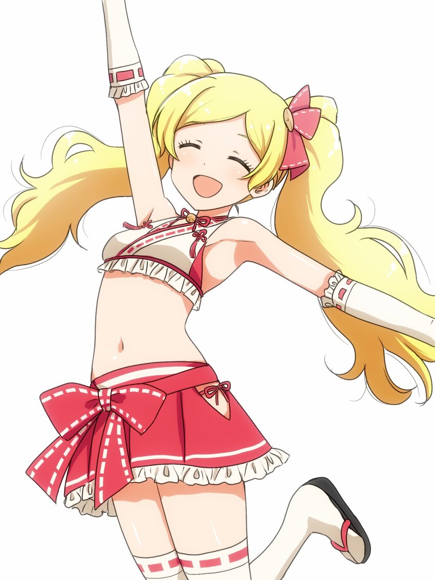 1girl :d arm_up armpits bare_shoulders bell black_sandals blonde_hair bow breasts closed_eyes concept_maihime_(idolmaster) dot_nose elbow_gloves emily_stewart eyelashes fluffy_hair frilled_gloves frills gloves hair_ribbon highres idolmaster idolmaster_million_live! idolmaster_million_live!_theater_days jingle_bell light_blush long_hair matcha_kingyo midriff navel neck_bell nontraditional_miko okobo open_mouth panties parted_bangs pink_panties pink_ribbon pink_skirt platform_sandals ribbon ribbon-trimmed_gloves ribbon-trimmed_shirt ribbon-trimmed_thighhighs ribbon_trim sandals shirt side-tie_panties sidelocks simple_background skirt sleeveless sleeveless_shirt small_breasts smile socks solo standing standing_on_one_leg thighhighs twintails underwear very_long_hair waist_bow wavy_hair white_background white_gloves white_shirt white_socks white_thighhighs