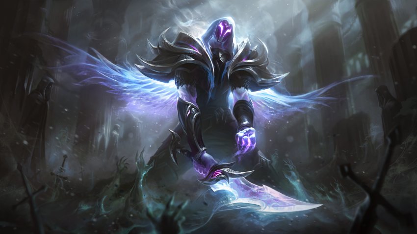 1boy absurdres armor artist_request ashen_knight_pyke ashes biceps building chest_plate clenched_hand column dagger gauntlets ghost helmet highres hood hoodie knife league_of_legends leg_armor light light_rays male_focus official_art pants pillar pyke_(league_of_legends) shoulder_armor smoke solo statue sword weapon wings