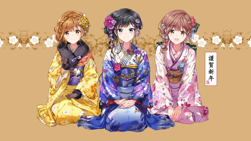 3girls absurdres adagaki_aki black_eyes black_gloves black_hair blue_kimono blunt_bangs blush braid brown_eyes brown_hair closed_mouth floral_print fujinomiya_neko fur_trim gloves hair_between_eyes hair_ornament highres japanese_clothes kimono koiwai_yoshino light_brown_hair long_sleeves looking_at_viewer masamune-kun_no_revenge mole mole_under_eye multiple_girls obi open_mouth pink_kimono sash sitting smile third-party_edit tiv wide_sleeves yellow_kimono