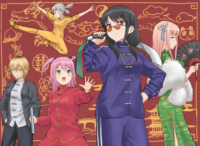 5girls :d black_eyes black_hair blonde_hair blunt_bangs blush bodysuit breasts brown_hair bruce_lee&#039;s_jumpsuit china_dress chinese_clothes closed_mouth dao_(weapon) dress futaki_shiki green_eyes hand_fan highres holding holding_fan holding_sword holding_weapon jacket jumpsuit katou_asuka large_breasts long_hair long_sleeves looking_at_viewer multiple_girls nemoto_hina nunchaku okiru open_mouth pelvic_curtain print_dress shirt short_hair side_slit sleeveless sleeveless_dress smile solid_circle_eyes solid_oval_eyes standing sword tamura_yuri twintails two_side_up watashi_ga_motenai_no_wa_dou_kangaetemo_omaera_ga_warui! weapon yellow_bodysuit yoshida_masaki