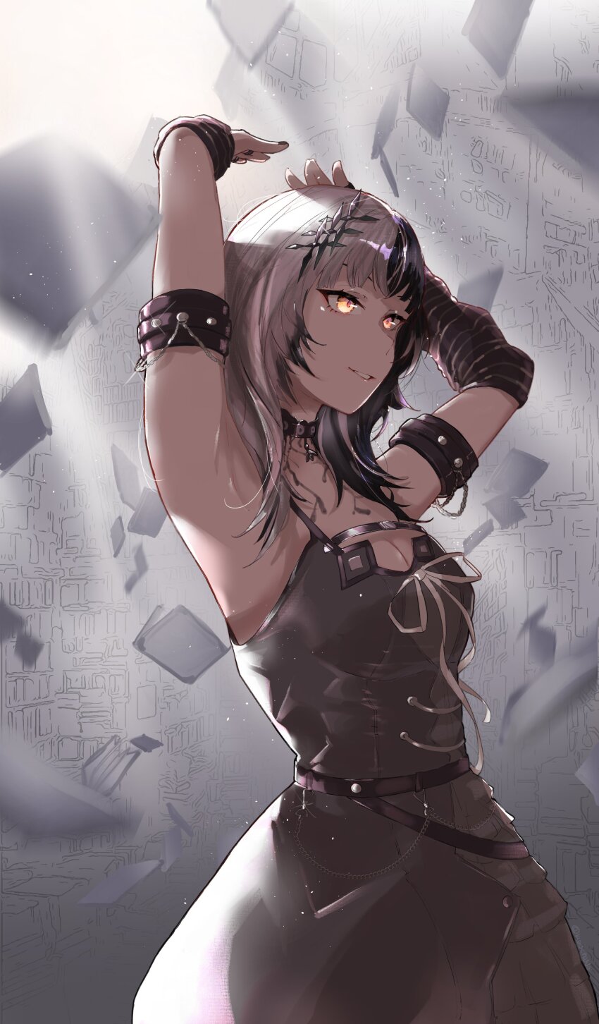 1girl absurdres arm_strap armpits arms_up black_arm_warmers black_choker black_hair breasts choker cleavage commentary dress english_commentary grey_dress grey_hair highres hololive hololive_english kurochanai large_breasts long_hair multicolored_hair parted_lips ribbon shiori_novella shiori_novella_(1st_costume) solo split-color_hair striped_arm_warmers two-tone_hair virtual_youtuber white_hair white_ribbon