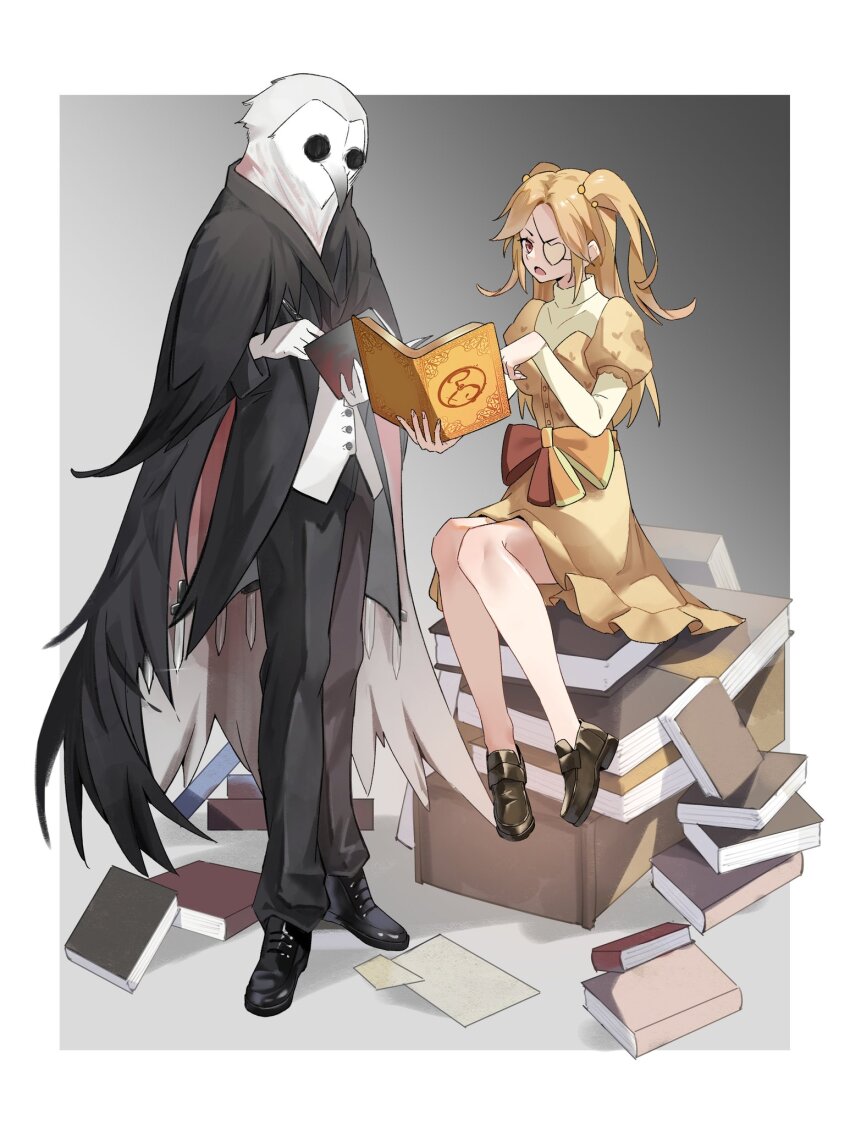 1boy 1girl black_cape black_coat black_pants black_souls black_souls_2 blonde_hair book book_stack bow brown_footwear buttons cape chushthu coat dress estir eyepatch full_body heart heart_eyepatch highres holding holding_book juliet_sleeves long_hair long_sleeves lorde_(black_souls) orange_bow pants puffy_sleeves shirt shoes sitting sucker_for_love two_side_up white_shirt yellow_dress