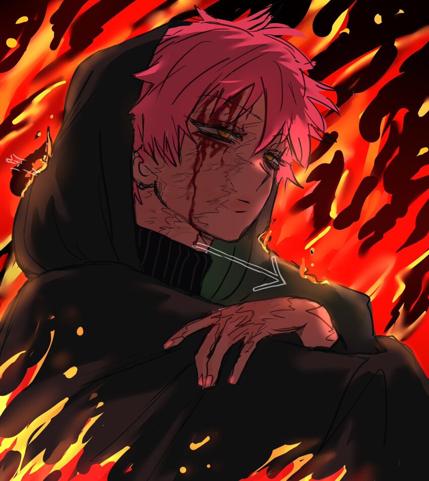1girl alien_stage arrow_(symbol) blood blood_on_face fire highres hood mizi_(alien_stage) pink_hair scar short_hair wawa22233