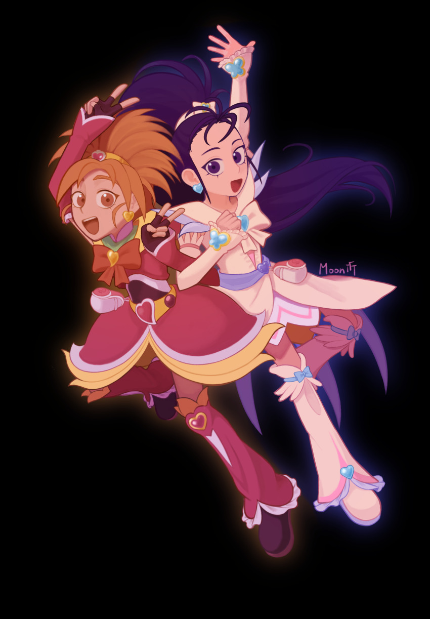 2girls arm_up belt belt_bag big_hair black_background black_footwear black_gloves black_shirt blue_bow bow bow_legwear bowtie brooch brown_eyes bug butterfly clenched_hand coattails collared_shirt crop_top cure_bloom cure_egret double_v dress earrings eyelashes fingernails forehead frilled_leg_warmers full_body futari_wa_precure_splash_star gloves hair_bow hair_ornament hairband happy heart heart_brooch heart_earrings heart_hair_ornament high_ponytail highres hyuuga_saki insect jewelry layered_shirt leg_warmers locked_arms long_hair magical_girl miniskirt mishou_mai moonscorpio multiple_girls open_mouth orange_hair outline pink_arm_warmers pink_bag pink_leg_warmers pink_shirt pink_skirt ponytail precure purple_eyes purple_hair red_bow red_bowtie shirt shoes short_dress short_hair short_sleeves simple_background skirt smile standing standing_on_one_leg teeth two-tone_bag updo upper_teeth_only v very_long_hair white_bag white_bow white_bowtie white_dress white_footwear white_hairband white_leg_warmers yellow_belt yellow_hairband