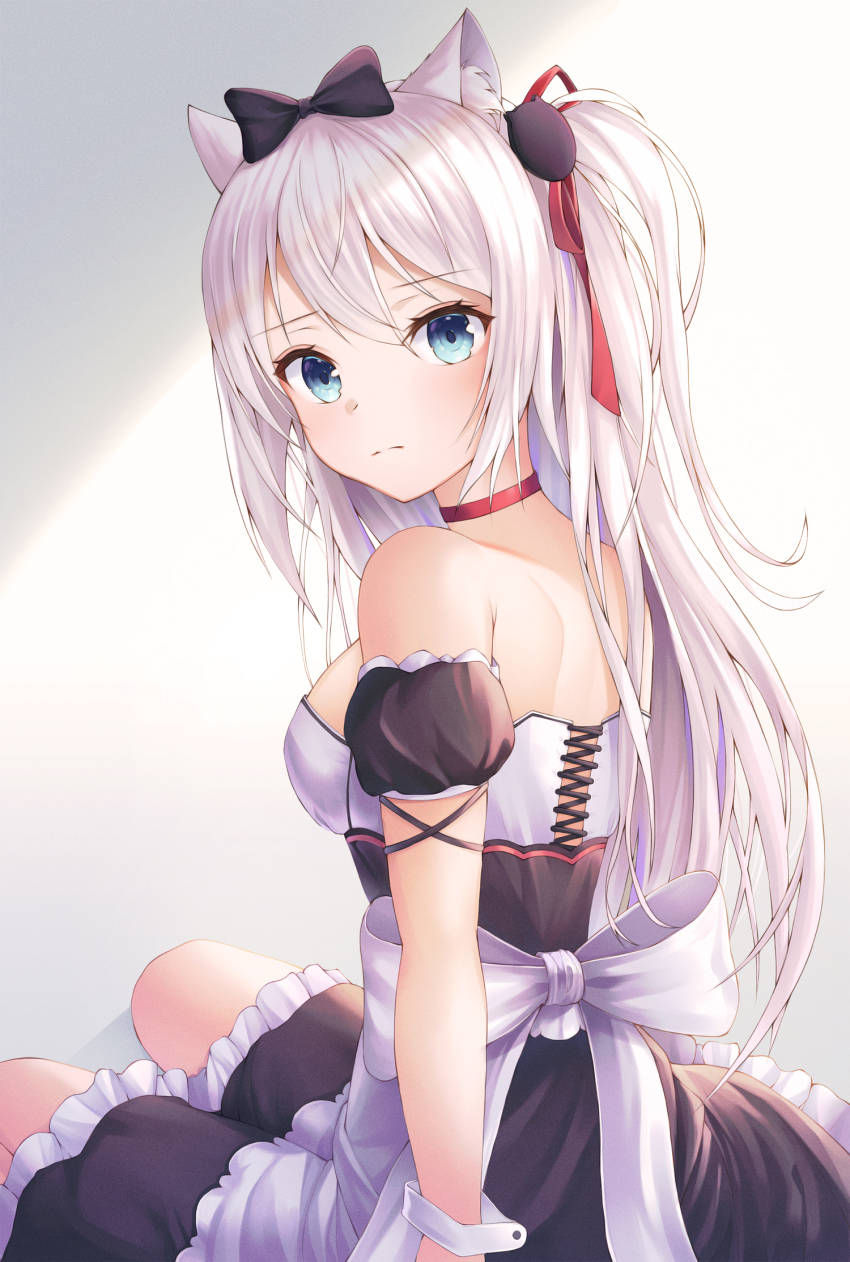 1girl animal_ear_fluff animal_ears apron azur_lane bad_id bad_pixiv_id black_bow black_dress blue_eyes bow cat_ears cat_girl cat_hair_ornament choker doroshi dress female_focus frilled_apron frills hair_bow hair_ornament hammann_(azur_lane) hammann_(retrofit)_(azur_lane) highres one_side_up puffy_short_sleeves puffy_sleeves red_choker remodel_(azur_lane) short_sleeves solo strapless strapless_dress waist_apron white_apron white_hair wrist_cuffs