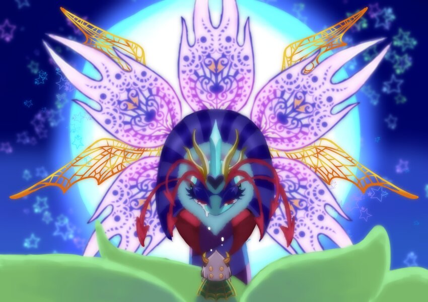 1boy 1girl cape commentary_request crown crying crying_with_eyes_open flower gloves glowing green_cape half-closed_eyes heart highres horns insect_wings kirby:_triple_deluxe kirby_(series) looking_at_another moon multiple_wings nintendo no_humans queen_sectonia red_eyes short_hair size_difference star_(symbol) straight-on takenokonoko taranza tears white_gloves white_hair wings yellow_horns