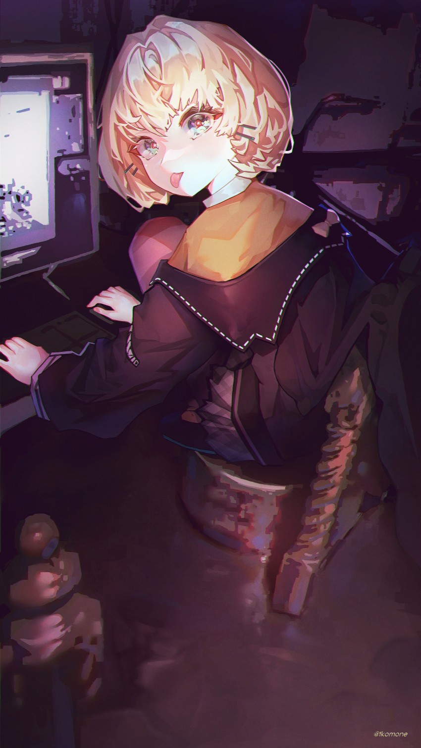 1girl absurdres barrel black_jacket blonde_hair blue_eyes commentary computer english_commentary flood grey_skirt highres jacket millie_parfait nijisanji nijisanji_en off_shoulder orange_sweater photo-referenced short_hair skirt solo squatting sweater tkom tongue tongue_out virtual_youtuber water