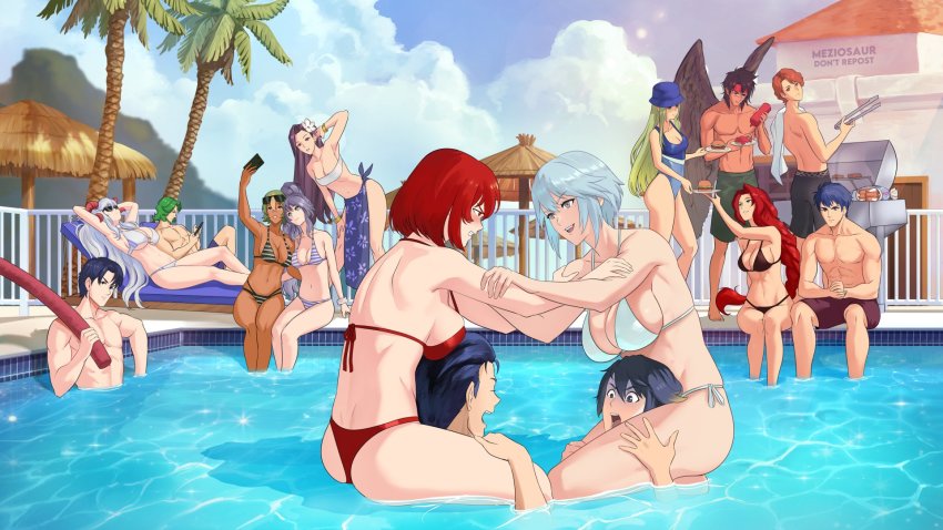 6+boys 6+girls alfonse_(fire_emblem) armpits ass bikini black_hair blue_hair braid braided_ponytail breast_press breast_rest breasts carrying choke_hold cleavage dagr_(fire_emblem) dark-skinned_female dark_skin ferdinand_von_aegir fire_emblem fire_emblem:_mystery_of_the_emblem fire_emblem:_radiant_dawn fire_emblem:_thracia_776 fire_emblem:_three_houses fire_emblem_echoes:_shadows_of_valentia fire_emblem_heroes freyja_(fire_emblem) green_hair grill hat highres ishtar_(fire_emblem) laegjarn_(fire_emblem) long_hair meziosaur minerva_(fire_emblem) multiple_boys multiple_girls muscular muscular_male nephenee_(fire_emblem) nintendo no_nipples partially_submerged pectorals piggyback pool pool_noodle python_(fire_emblem) red_hair reinhardt_(fire_emblem) selfie seteth_(fire_emblem) short_hair smile sonya_(fire_emblem_gaiden) strangling swimsuit tan tibarn_(fire_emblem) titania_(fire_emblem) white_hair zelgius_(fire_emblem)