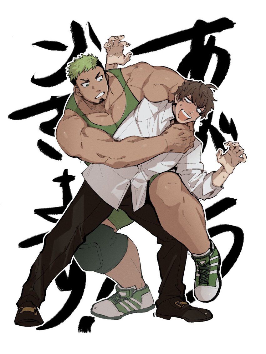 2boys bara biceps black_hair blush calves clenched_teeth couple dark-skinned_male dark_skin facial_hair fingerless_gloves frown full-face_blush gloves goatee green_hair hands_up highres ikusaba_daisuke large_pectorals leg_up male_focus multicolored_hair multiple_boys muscular muscular_male pectoral_cleavage pectoral_press pectoral_squeeze pectorals protagonist_4_(housamo) short_hair singlet teeth tokyo_houkago_summoners two-tone_hair wanijima wrestling yaoi