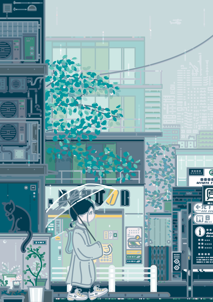 ._. 1girl absurdres aircraft barricade black_hair black_socks building cat city cityscape coat commentary_request condenser_unit expressionless from_side grey_coat grey_sky helicopter highres holding holding_umbrella industrial_pipe kei_kawakami long_coat long_sleeves original overcast plant ponytail potted_plant power_lines rain scenery shoes short_hair short_ponytail sign sky skyscraper sneakers socks solo transparent transparent_umbrella tree umbrella walking white_shoes wide_sleeves