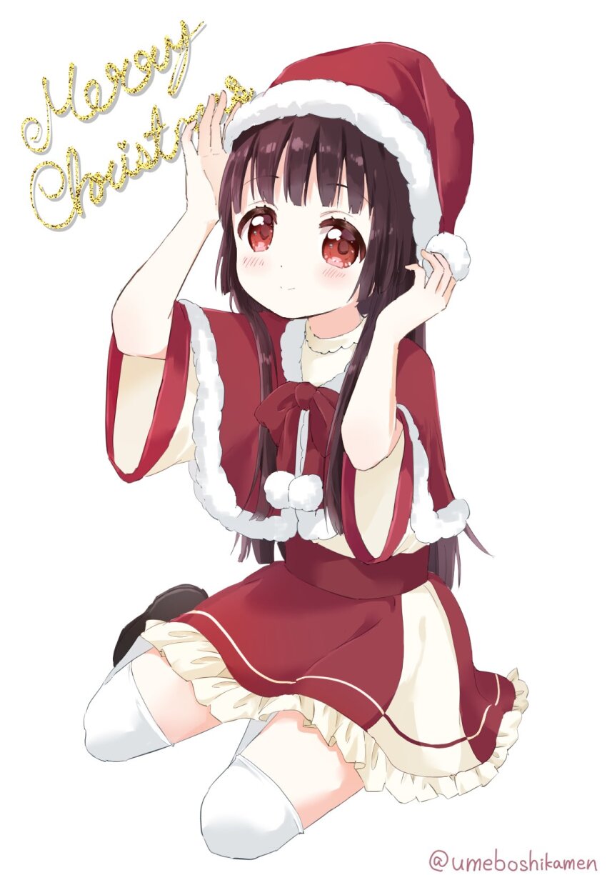 1girl black_footwear black_hair blush capelet christmas closed_mouth commentary dress frilled_dress frills fur-trimmed_capelet fur_trim hands_on_headwear hat highres long_hair matsumoto_rise mearian merry_christmas pom_pom_(clothes) red_dress red_eyes red_sash ribbon-trimmed_capelet ribbon_trim santa_costume santa_hat sash short_sleeves simple_background smile solo thighhighs twitter_username white_background white_thighhighs wide_sleeves yuru_yuri