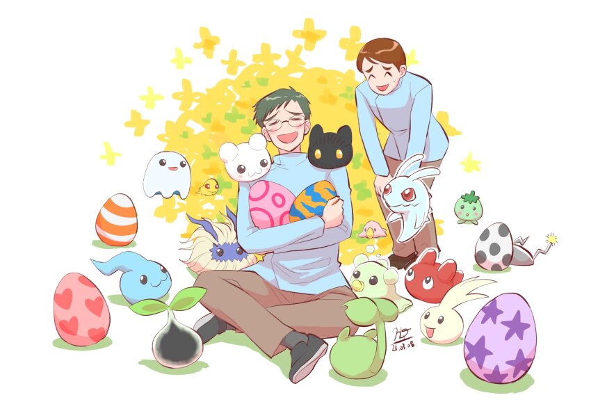 botamon bubbmon chicomon choromon closed_eyes digimon digimon_(creature) digitama egg flower glasses highres izumi_koshiro kido_shuu leafmon nyokimon open_mouth pipimon pitchmon poyomon punimon pururumon tsubumon yukimibotamon yuramon zurumon