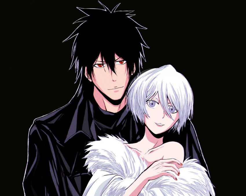 1boy 1girl black_background black_coat black_hair bleach coat fur_trim grey_eyes hair_between_eyes highres kuchiki_rukia kurosaki_ichigo red_eyes short_hair smile spiked_hair star_(sr67305775) upper_body white_hair