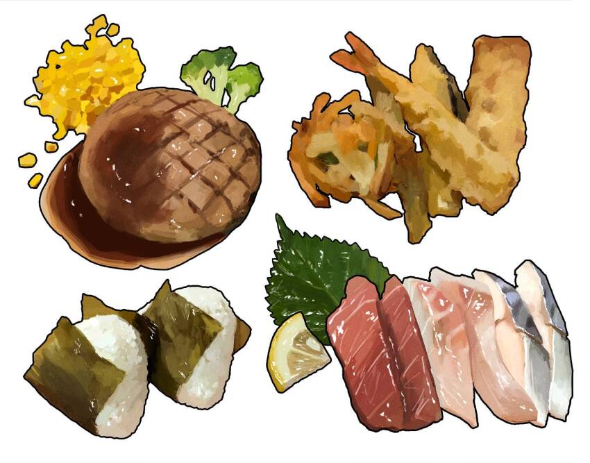 broccoli commentary fish_(food) food food_focus fried_fish fruit leaf lemon lemon_slice meat onigiri original rice scrambled_egg seaweed simple_background white_background zumochi