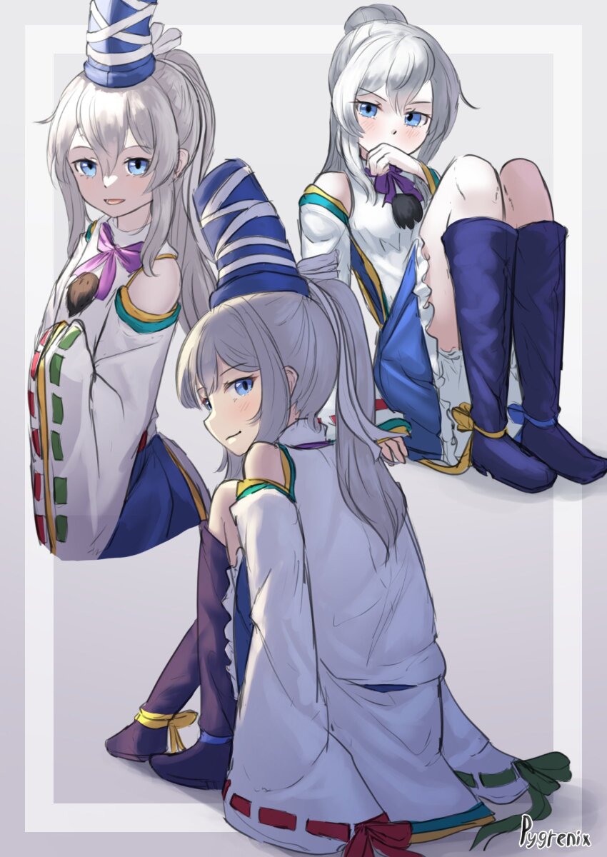 1girl :d absurdres bare_shoulders bloomers blue_eyes blue_footwear blue_hair blue_ribbon boots commentary_request detached_sleeves frilled_skirt frills green_ribbon grey_hair hands_in_opposite_sleeves hat highres japanese_clothes kariginu knee_boots looking_at_viewer medium_hair mononobe_no_futo multiple_views neck_ribbon no_headwear open_mouth pom_pom_(clothes) ponytail purple_ribbon pygrenix red_ribbon ribbon shirt sitting skirt smile tate_eboshi touhou turtleneck underwear white_bloomers white_ribbon white_shirt yellow_ribbon